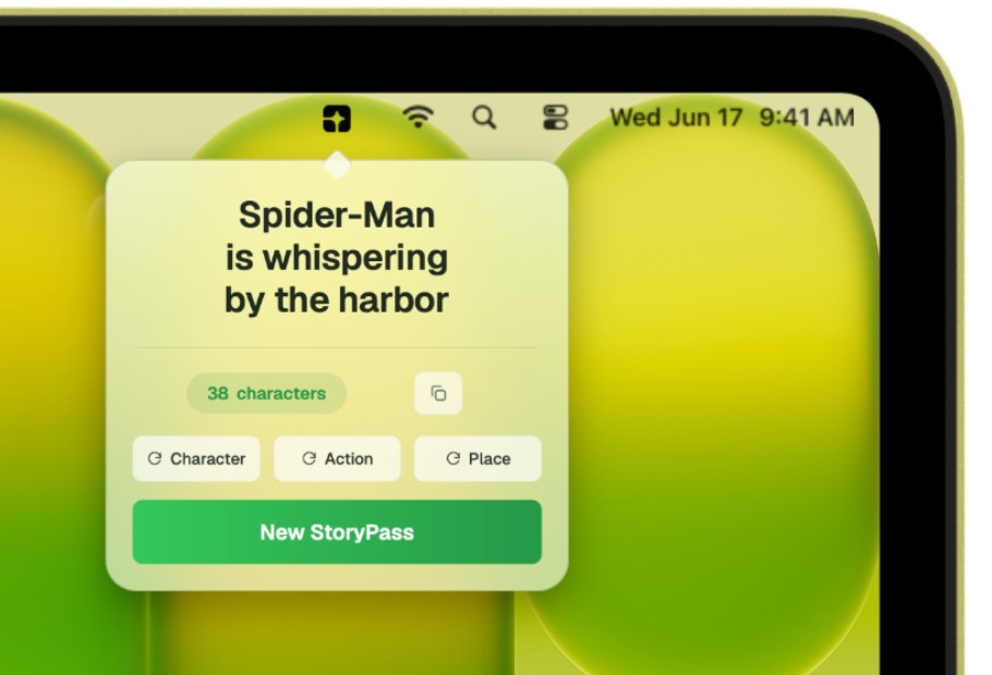 The StoryPass popover open in the macOS menu bar, showing a generated story password with reroll buttons for Character, Action and Place.