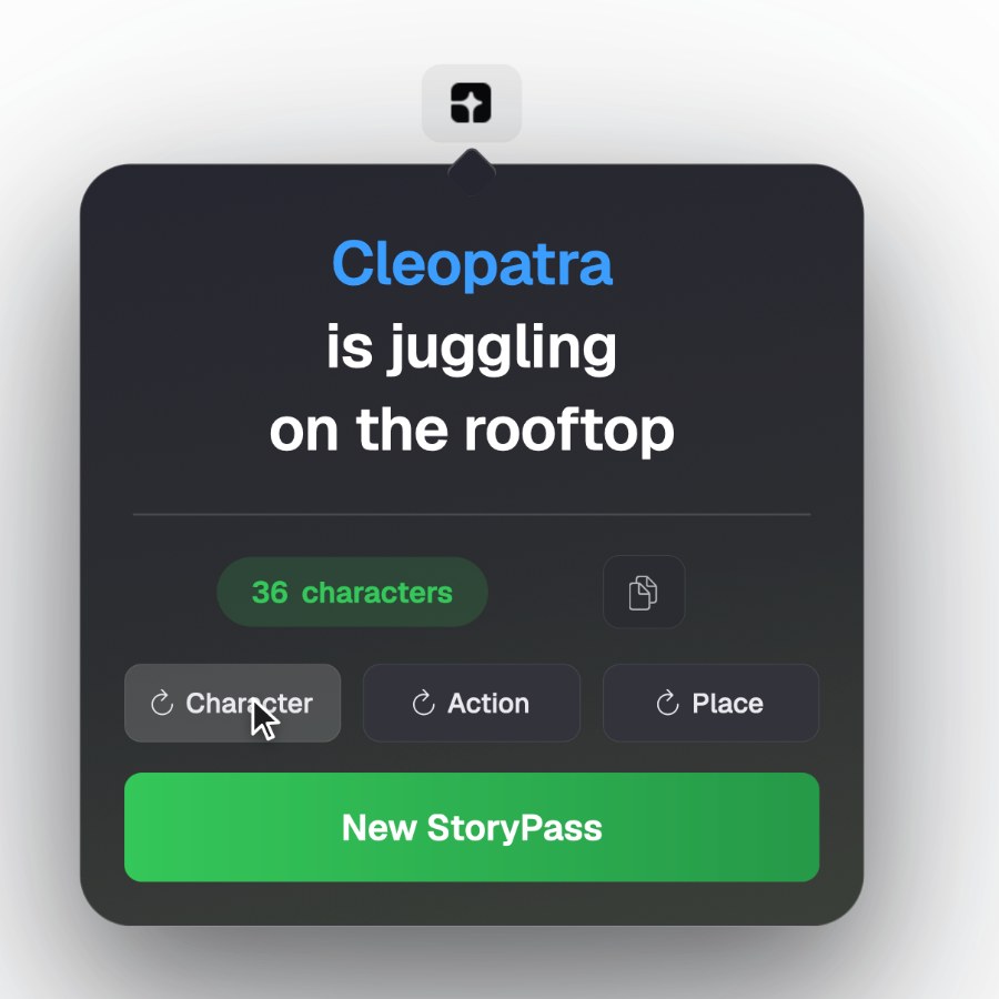 The StoryPass popover with the pointer on the Character reroll button, next to Action and Place.